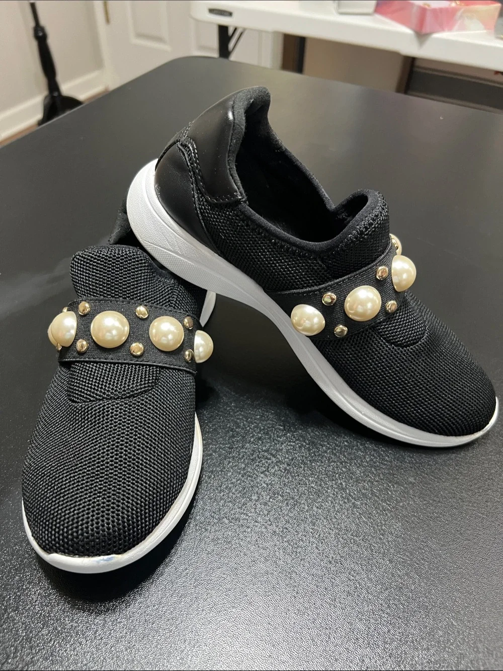 Bandolino Black Slip-On Sneakers with Pearl & Gold Studs